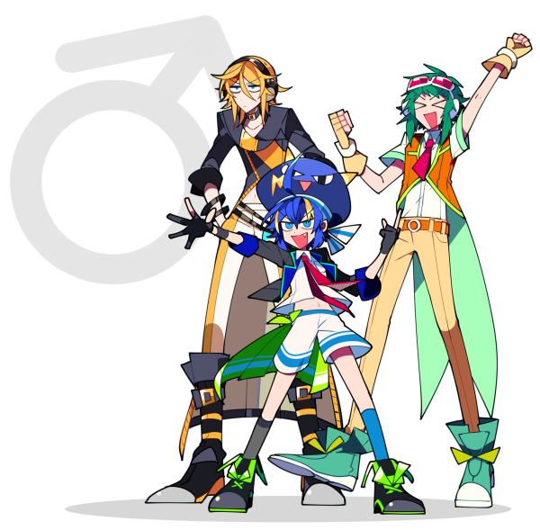 >_<, 3boys, belt, black_gloves, blonde_hair, blue_eyes, blue_hair, boots