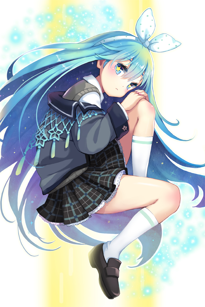 1girl, bangs, black_footwear, black_jacket, black_skirt, blue_eyes, blue_hair, blush