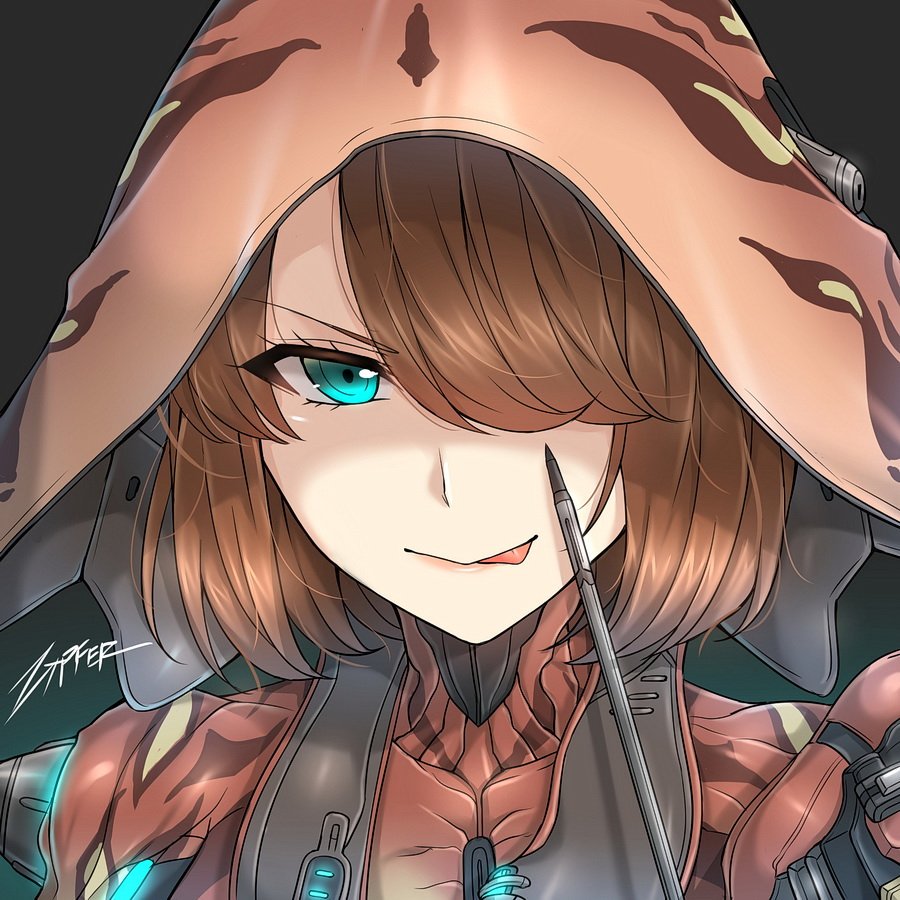 1girl, :p, arrow, bangs, blue_eyes, body_armor, brown_hair, eyebrows_visible_through_hair