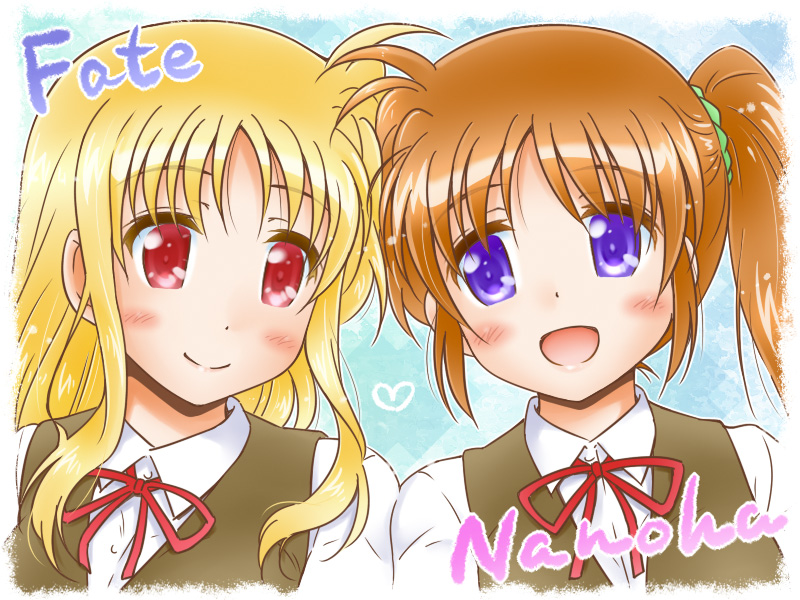 2girls, blonde_hair, blush, brown_hair, collared_shirt, couple, eye_contact, fate_testarossa, green_scrunchie, happy, heart, long_hair, looking_at_another, lyrical_nanoha, mahou_shoujo_lyrical_nanoha, mahou_shoujo_lyrical_nanoha_a's, multiple_girls, neck_ribbon, open_mouth, red_eyes, red_ribbon, ribbon, school_uniform, scrunchie, shinozuki_takumi, shirt, side_ponytail, simplebackground, smile, takamachi_nanoha, two-tone_background, uniform, very_long_hair, violet_eyes, white_shirt, yuri