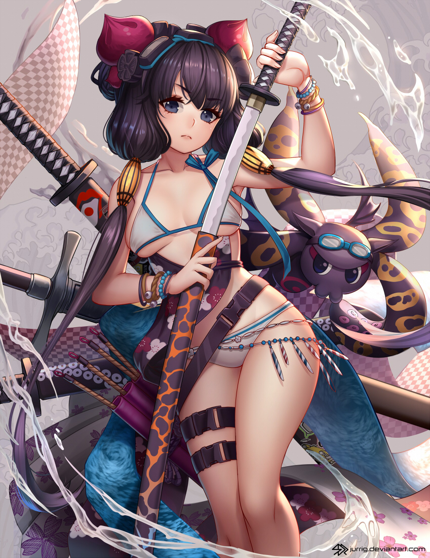 >:(, 1girl, :3, artist_name, bangs, bare_legs, bare_shoulders, belt, bikini, blue_eyes, blue_ribbon, bracelet, breasts, breasts_apart, checkered, closed_mouth, collarbone, eyebrows_visible_through_hair, fate/grand_order, fate_(series), feet_out_of_frame, floral_print, goggles, goggles_on_head, grey_background, hair_ornament, jewelry, jurrig, katana, katsushika_hokusai_(swimsuit_saber)_(fate), long_hair, low_twintails, medium_breasts, octopus, purple_hair, quiver, ribbon, sheath, splashing, standing, swimsuit, sword, thigh_strap, tokitarou_(fate/grand_order), twintails, uncensored, unsheathing, v-shaped_eyebrows, very_long_hair, water, watermark, waves, weapon, weapon_on_back, web_address, white_bikini