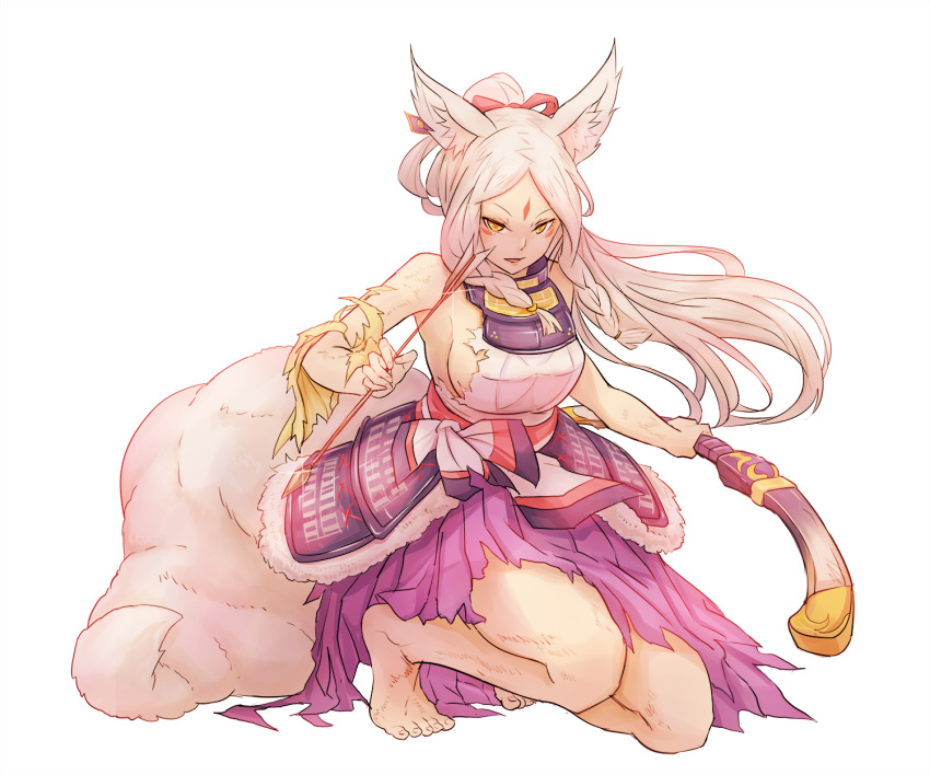 1girl, animal_ears, armor, arrow, bai_lang, barefoot, bow_(weapon), facial_mark
