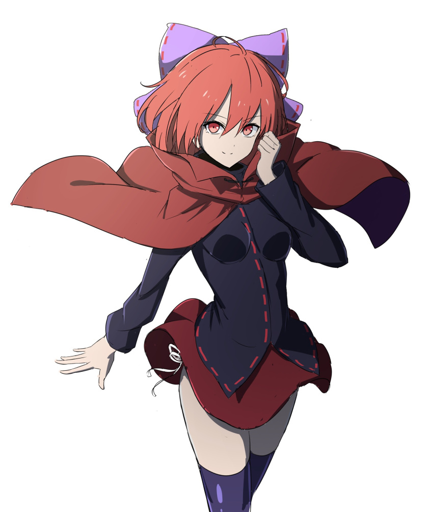 1girl, black_legwear, black_shirt, bow, cape, cowboy_shot, hair_bow, highres