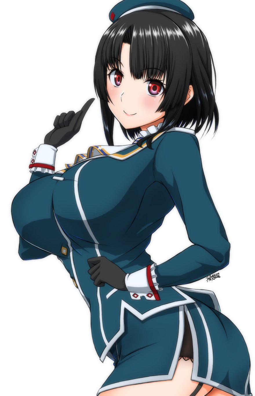 1girl, beret, black_gloves, black_hair, black_legwear, blush, breasts, garter_straps