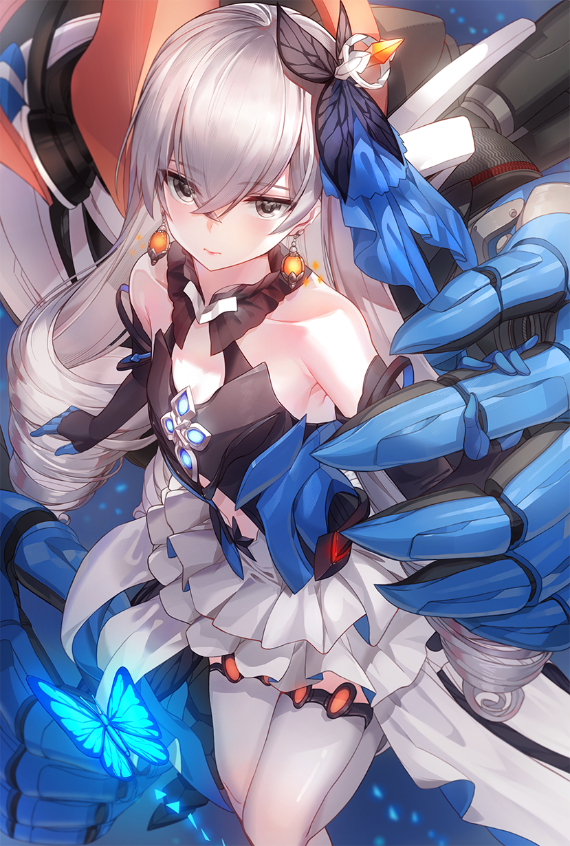 1girl, bangs, black_gloves, blush, breasts, bronya_zaychik, bronya_zaychik_(herrscher_of_reason), bug, butterfly, center_opening, crossed_bangs, dress, drill_hair, earrings, elbow_gloves, gloves, hair_ornament, highres, honkai_(series), honkai_impact_3rd, insect, jewelry, kfr, layered_dress, leg_up, long_hair, looking_at_viewer, project_bunny, silver_hair, small_breasts, solo, thigh-highs, twin_drills, white_legwear