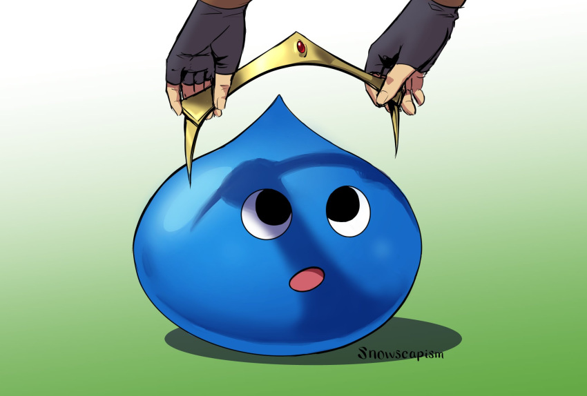 1boy, 1other, artist_name, bird_studio, black_eyes, black_gloves, blob, dragon_quest