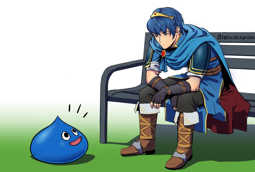1boy, 1other, artist_name, bangs, bird_studio, black_eyes, black_gloves, black_pants, blob, blue_cape, blue_eyes, blue_hair, blue_tunic, boots, brown_footwear, cape, chair, closed_mouth, dragon_quest, english_commentary, fingerless_gloves, fire_emblem, fire_emblem:_mystery_of_the_emblem, fire_emblem:_mystery_of_the_emblem, fire_emblem:_shin_ankoku_ryuu_to_hikari_no_tsurugi, fire_emblem_shadow_dragon, full_body, gloves, gradient, gradient_background, green_background, happy, highres, human, intelligent_systems, jpeg_artifacts, looking_at_another, looking_down, looking_up, male_focus, marth, marth_(fire_emblem), nintendo, notice_lines, open_mouth, pants, ruby_(gemstone), shiny, shiny_hair, short_hair, shoulder_armor, simple_background, sitting, slime_(dragon_quest), smile, snowscapism, sora_(company), square_enix, super_smash_bros., tiara, toei_animation, tunic
