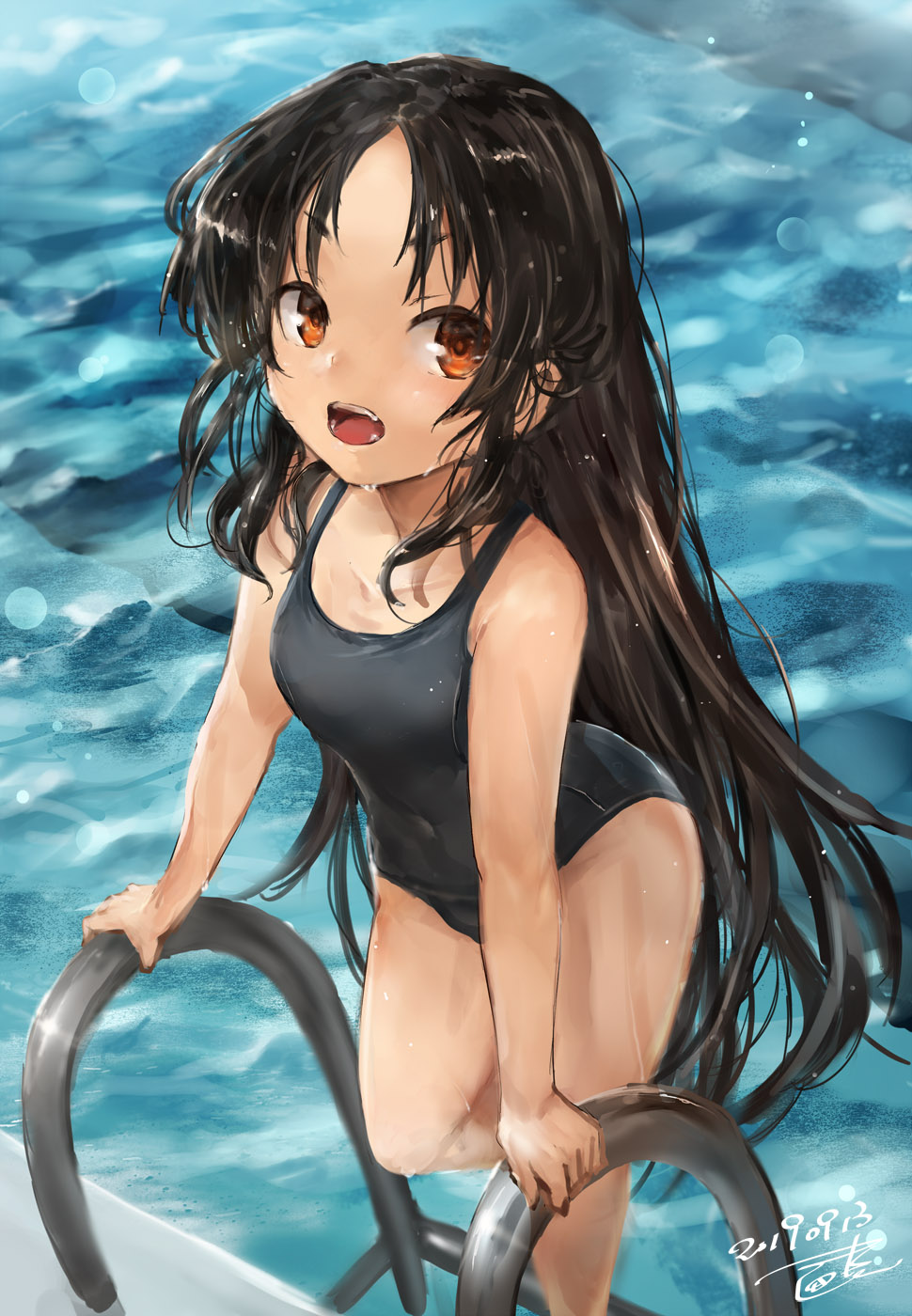 1girl, bangs, black_hair, blue_swimsuit, blush, breasts, brown_eyes, commentary_request