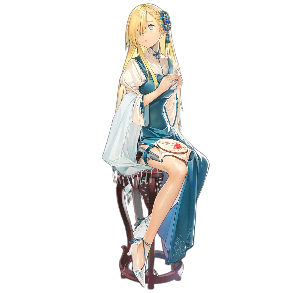 1girl, alternate_costume, ankle_ribbon, bangs, blonde_hair, blue_dress, blue_eyes, blue_ribbon, braid, chair, china_dress, chinese_clothes, closed_mouth, cup, cz52_(girls_frontline), cz_52, dress, earrings, eyebrows_visible_through_hair, girls_frontline, gun, hair_ornament, handgun, high_heels, holding, holding_cup, holster, jewelry, legs_together, long_hair, looking_away, mechanical_leg, monocle, official_art, pistol, ribbon, shawl, sitting, solo, steam, thigh_holster, thigh_strap, transparent_background, very_long_hair, weapon, white_footwear, wide_sleeves, xiao_chichi