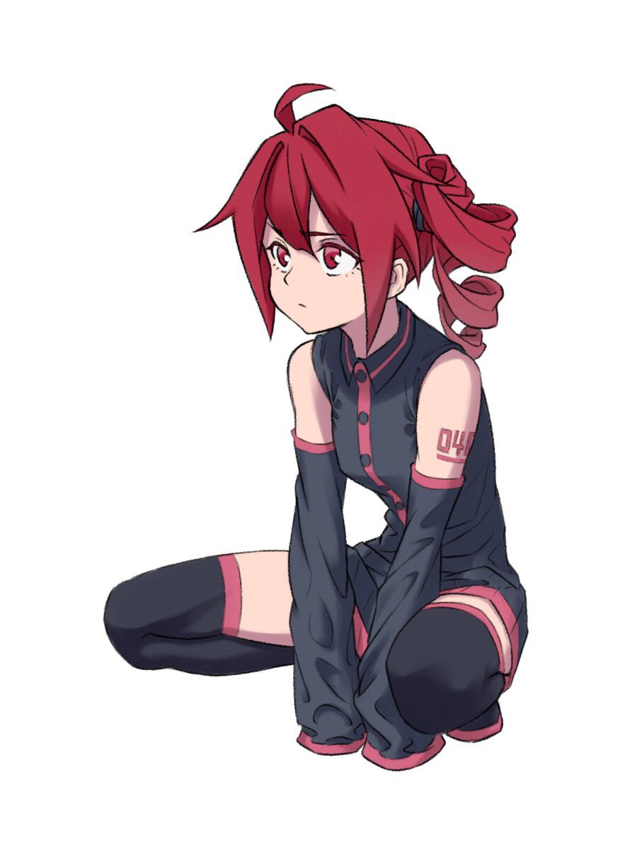 1girl, ahoge, anco8pizz, between_legs, black_legwear, detached_sleeves, dress, drill_hair