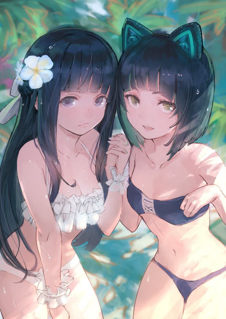 2girls, animal_ears, bangs, bare_shoulders, bikini, black_hair, blue_bikini, blue_eyes