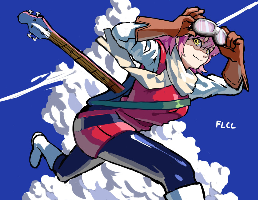 1girl, :3, bass_guitar, boots, calilo, clouds, day, flcl, goggles, goggles_on_head, haruhara_haruko, highres, instrument, looking_at_viewer, pink_hair, rickenbacker, sky, smile, solo, yellow_eyes