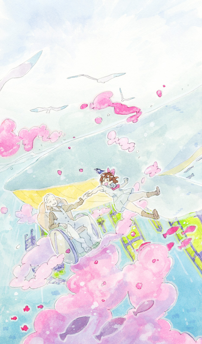1girl, :d, aoi_minamo, bird, fish, haru_masamichi, holding_hands, old_man