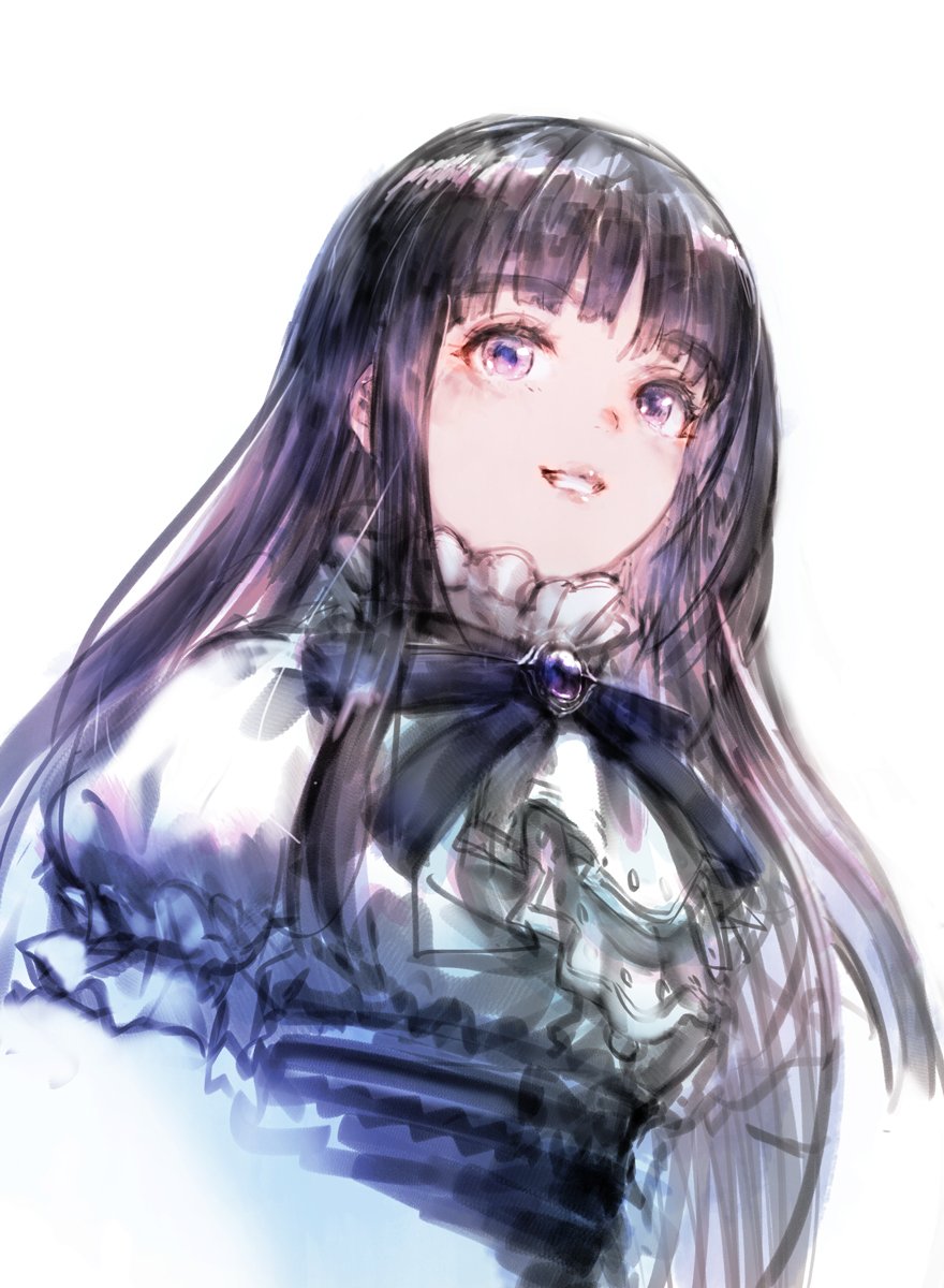 1girl, bangs, black_hair, blunt_bangs, blush, breasts, brooch, frilled_shirt_collar