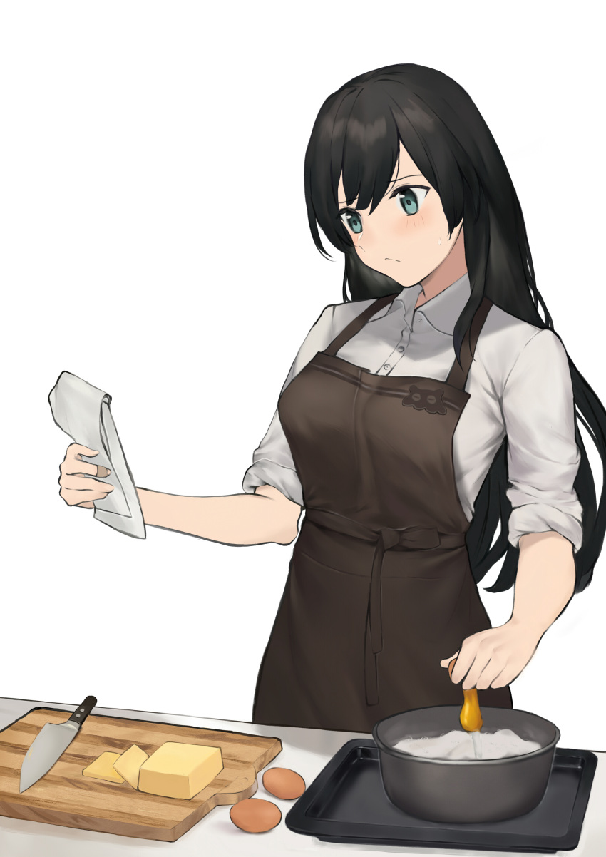 1girl, absurdres, apron, bangs, black_hair, blush, brown_apron, cheese, closed_mouth, collared_shirt, cooking, cracking_egg, cutting_board, dress_shirt, egg, food, green_eyes, hair_between_eyes, highres, knife, long_hair, looking_at_paper, nanami_touko, pot, recipe, shirt, sleeves_rolled_up, sweatdrop, table, tray, tuan_yi, white_shirt, yagate_kimi_ni_naru