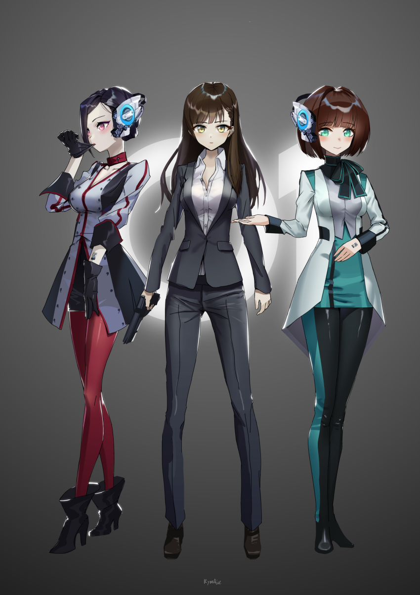 3girls, absurdres, bangs, biting, black_bow, black_footwear, black_gloves, black_hair, black_jacket, black_legwear, black_pants, black_skirt, blush, boots, bow, breasts, brown_footwear, brown_hair, closed_mouth, collared_shirt, commentary_request, dress_shirt, eyebrows_visible_through_hair, formal, glove_biting, gloves, green_eyes, green_skirt, grey_background, grey_shirt, gun, handgun, headgear, high_heel_boots, high_heels, highres, holding, holding_gun, holding_weapon, humagear_headphones, is_(kamen_rider_01), jacket, kamen_rider, kamen_rider_01_(series), liyou-ryon, long_hair, long_sleeves, looking_at_viewer, looking_away, medium_breasts, multiple_girls, pant_suit, pants, pantyhose, pistol, red_eyes, red_legwear, shester_(kamen_rider_01), shirt, signature, skirt, sleeves_past_wrists, smile, standing, suit, weapon, weapon_request, white_jacket, white_shirt, yaiba_yua, yellow_eyes