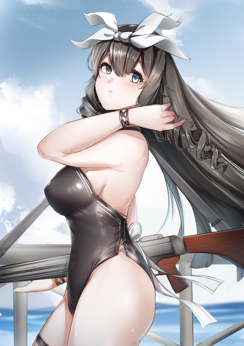 1girl, absurdres, bangs, bare_shoulders, black_legwear, black_swimsuit, blue_eyes, blunt_ends, blurry, blurry_background, bow, bracelet, breasts, chromatic_aberration, clouds, cloudy_sky, covered_nipples, cowboy_shot, day, drill_hair, drill_locks, eyelashes, floating_hair, from_side, girls_frontline, grey_hair, guard_rail, gun, hair_between_eyes, hair_bow, hand_up, highres, horizon, howa_type_64_(girls_frontline), jewelry, large_breasts, long_hair, looking_at_viewer, ocean, one-piece_swimsuit, outdoors, parted_lips, pixiv_id_12457925, ribbon, shiny, shiny_hair, sky, solo, standing, swimsuit, thigh_strap, thighs, very_long_hair, weapon, wet, wet_clothes, wet_hair, wet_swimsuit, white_bow, white_ribbon, wind