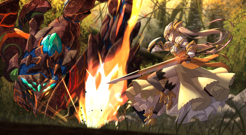 1girl, arm_shield, bangs, blurry, blurry_background, braid, breastplate, breasts