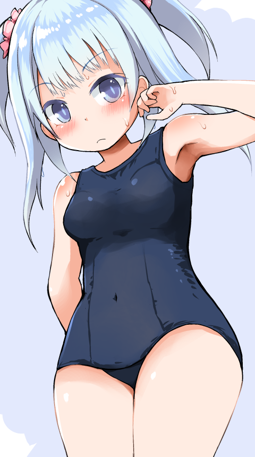 1girl, armpits, bangs, bare_arms, bare_shoulders, blue_eyes, blue_hair, blue_swimsuit