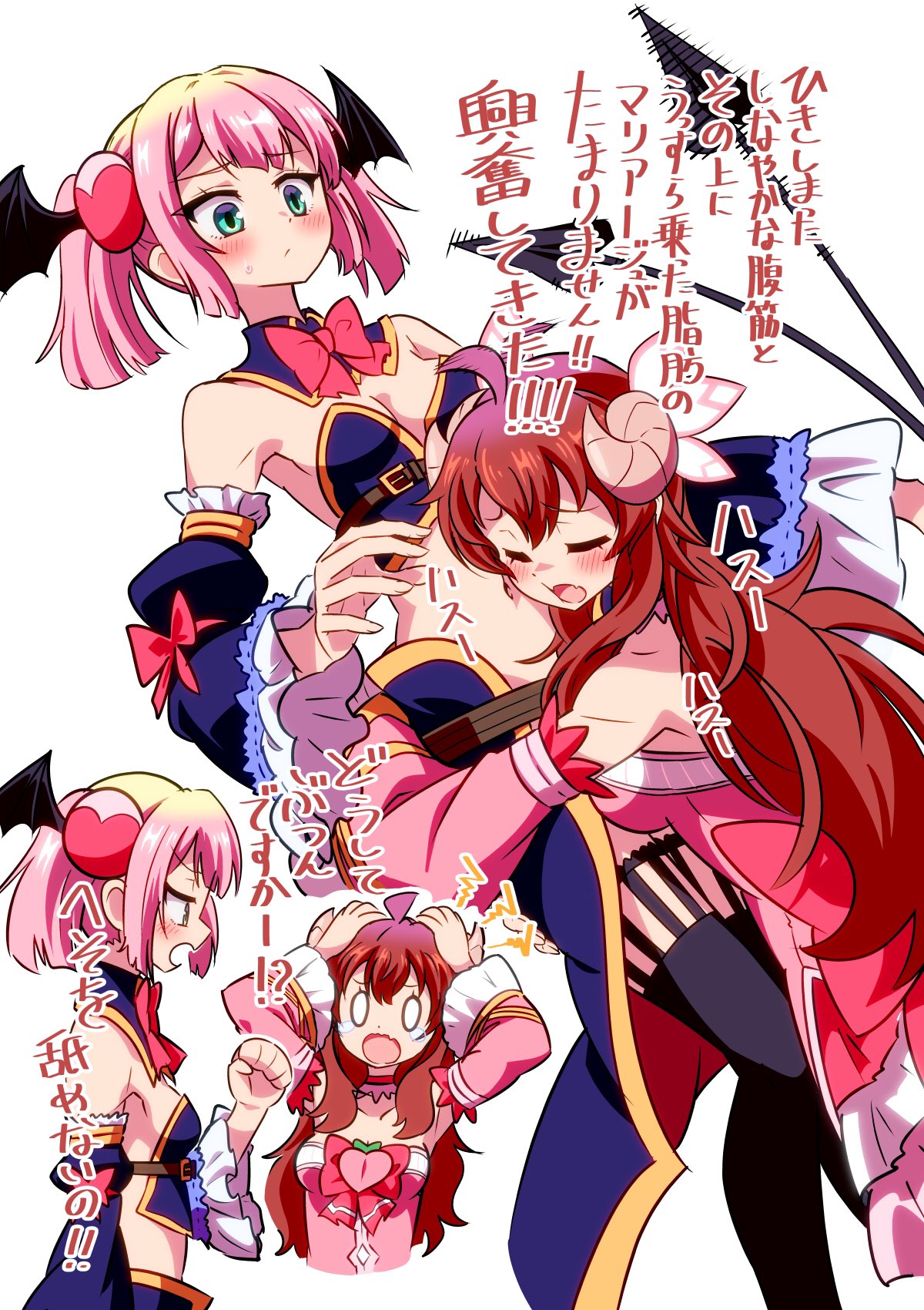 2girls, ahoge, blush, boots, brown_eyes, brown_hair, chiyoda_momo, cosplay