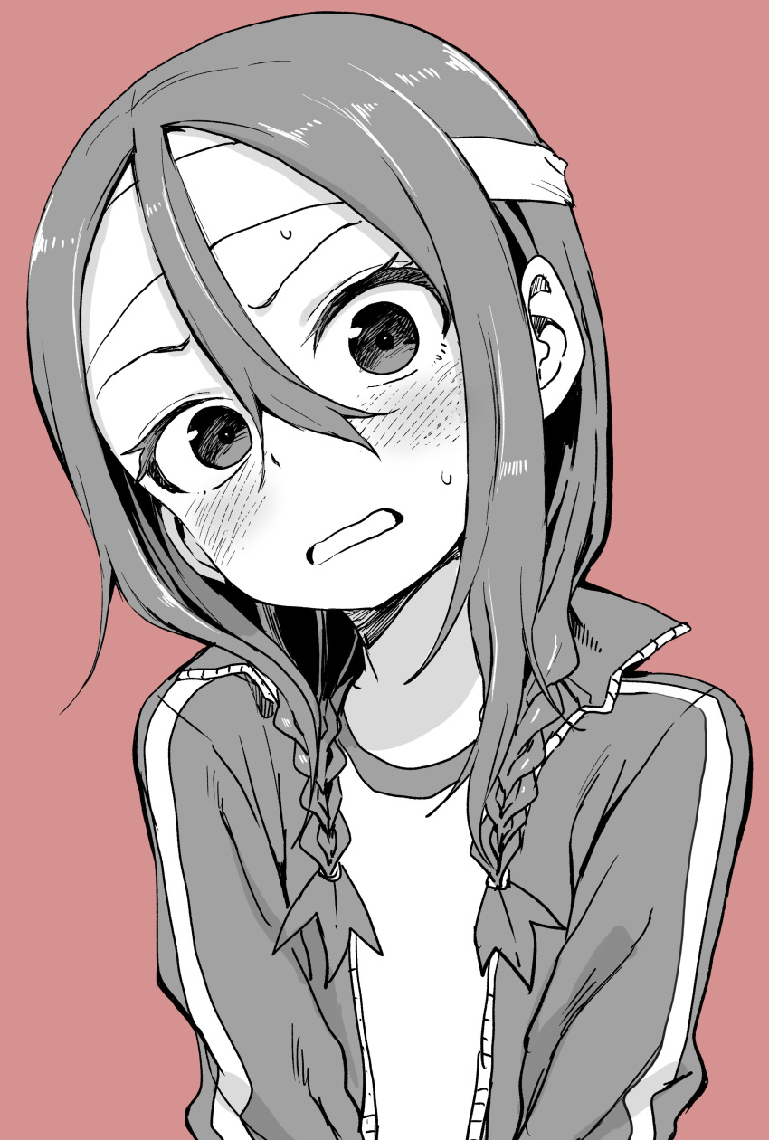 1girl, absurdres, bangs, blush, braid, brown_background, commentary_request, gym_shirt