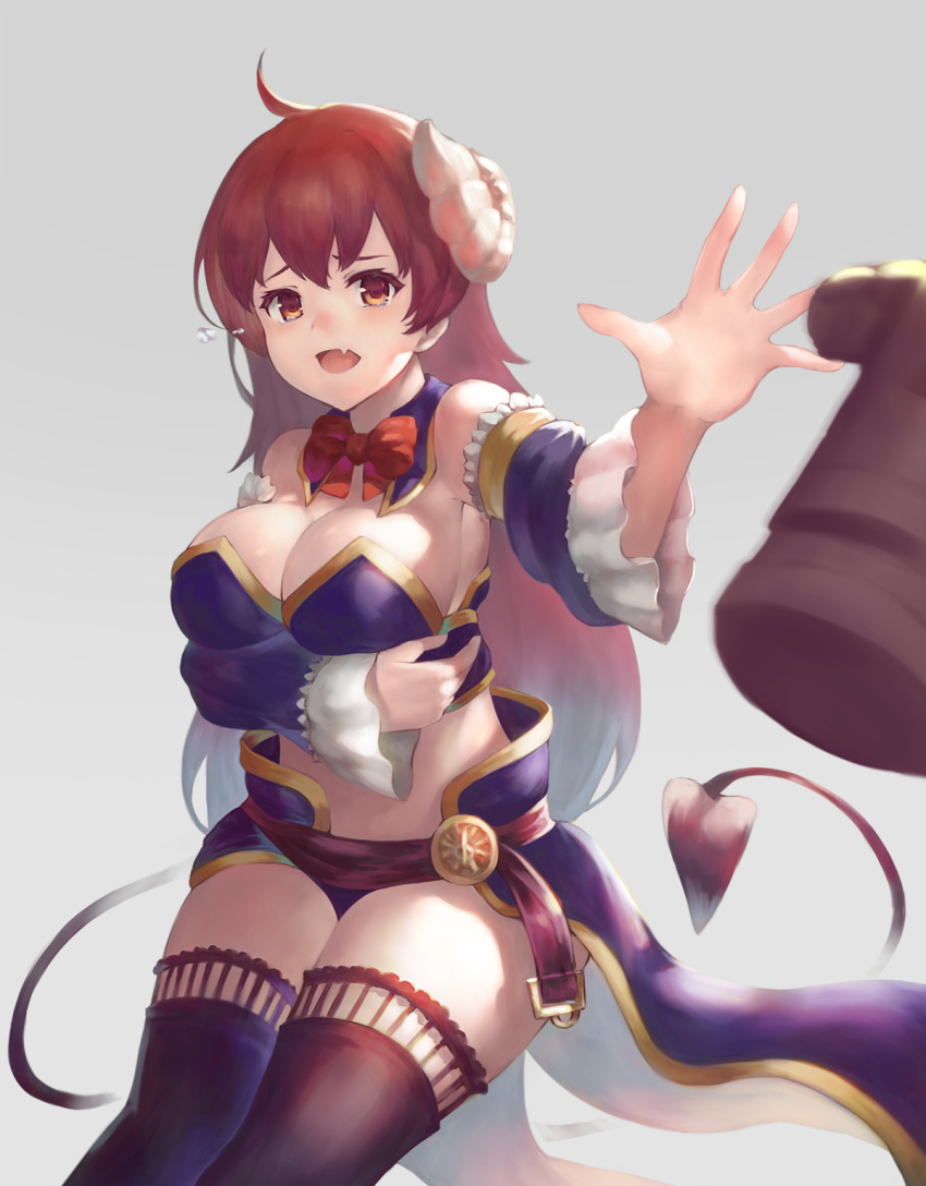 1girl, :d, ahoge, belt, black_legwear, bow, breasts, brown_eyes, brown_hair, commentary, demon_horns, demon_tail, detached_collar, detached_sleeves, fang, furrowed_eyebrows, grey_background, highres, horns, large_breasts, long_hair, long_sleeves, looking_at_viewer, maccha_shiratama, machikado_mazoku, open_mouth, red_bow, revealing_clothes, smile, solo, statue, tail, tears, thigh-highs, very_long_hair, yoshida_yuuko_(machikado_mazoku)