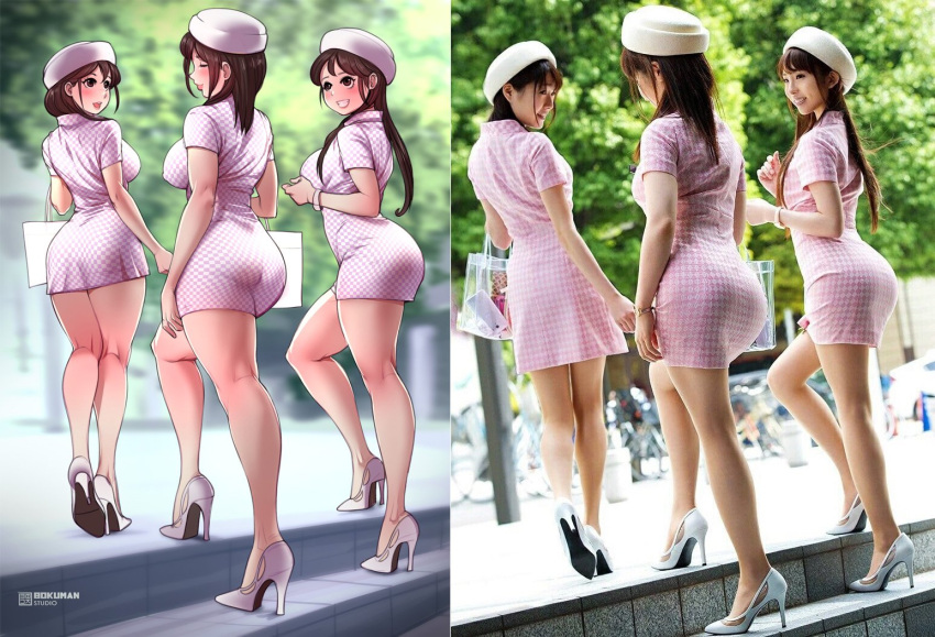 3girls, :d, asian, ass, bag, bangs, bare_legs, blush