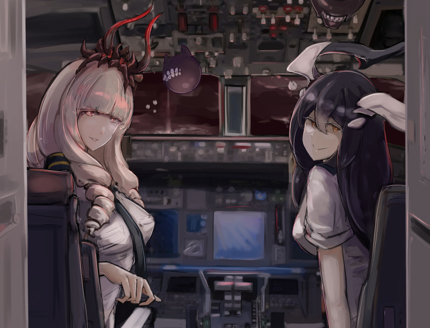 2girls, aircraft, airplane, alternate_costume, anchorage_water_oni, bangs, black_hair, black_neckwear, blunt_bangs, breasts, chair, cockpit, glowing, glowing_eyes, grin, highres, horns, indoors, kantai_collection, long_hair, looking_at_viewer, lycoris_hime, mizuchi_(mizuchi7118), multiple_girls, necktie, orange_eyes, pale_skin, plane_interior, red_eyes, shinkaisei-kan, shirt, sitting, smile, teeth, white_hair, white_shirt, white_skin