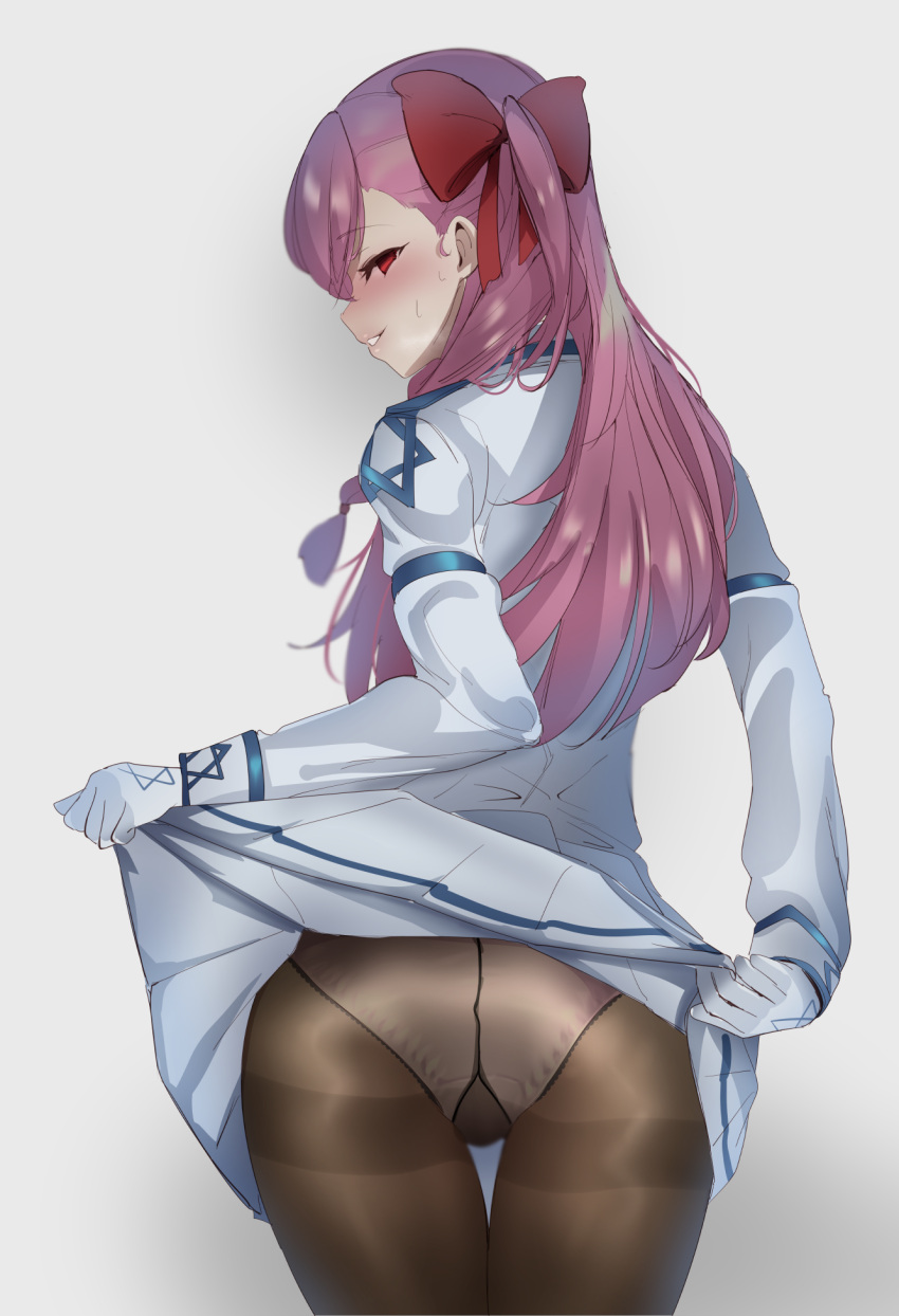 1girl, ass, blush, from_behind, girls_frontline, gloves, grey_background, hair_ribbon