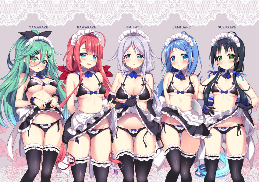 5girls, alternate_costume, apron, arm_behind_back, back_bow, bangs, bikini, black_bikini