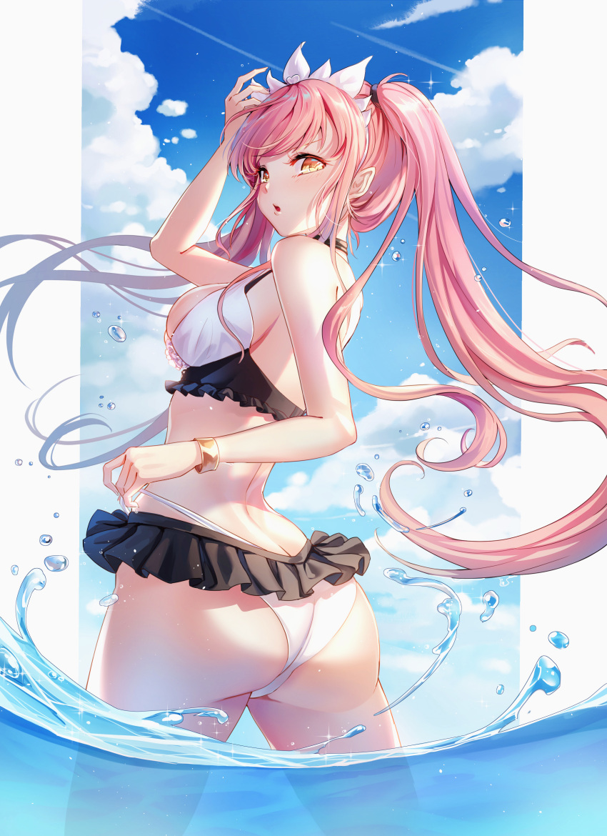 1girl, absurdres, ass, bangs, bare_shoulders, bikini, blue_sky, blush