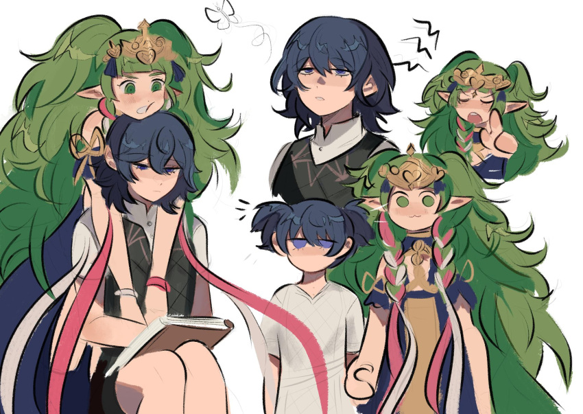 2girls, :3, alternate_costume, blue_eyes, blue_hair, book, braid, byleth_(fire_emblem), byleth_eisner_(female), closed_eyes, closed_mouth, fire_emblem, fire_emblem:_three_houses, funyanrinpa, green_eyes, green_hair, hair_ornament, highres, long_hair, manakete, medium_hair, multiple_girls, open_mouth, pointy_ears, short_sleeves, simple_background, sitting, sothis_(fire_emblem), tiara, twin_braids, white_background