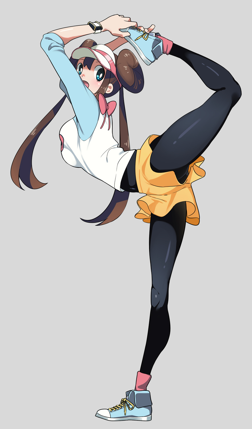 black_legwear, blue_eyes, bow, breasts, brown_hair, double_bun, flexible, full_body