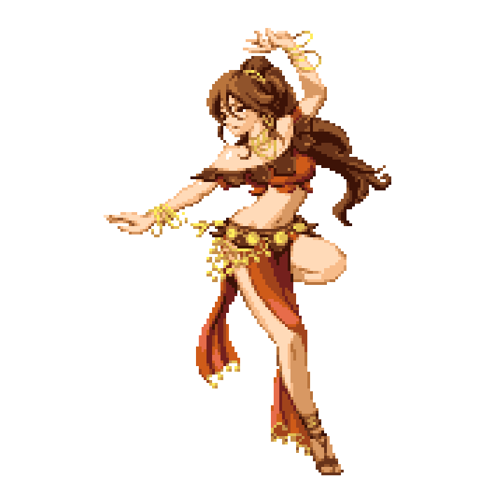 1girl, arm_up, bangle, bracelet, brown_hair, commentary, dancer, hair_between_eyes