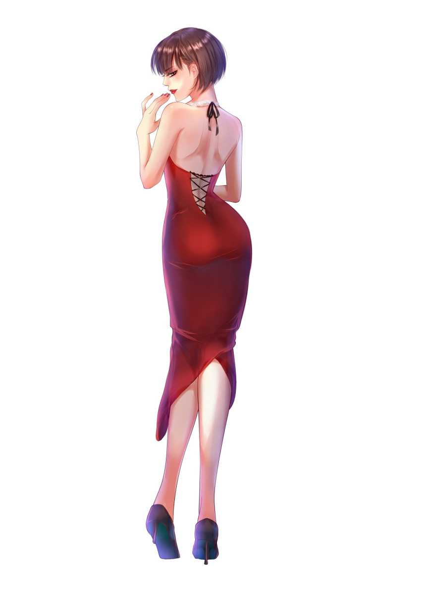 1girl, ass, back, bangs, bare_shoulders, brown_hair, closed_mouth, dress