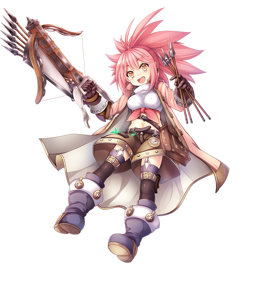 1girl, :d, arrow, belt, black_legwear, boots, bow_(weapon), breasts