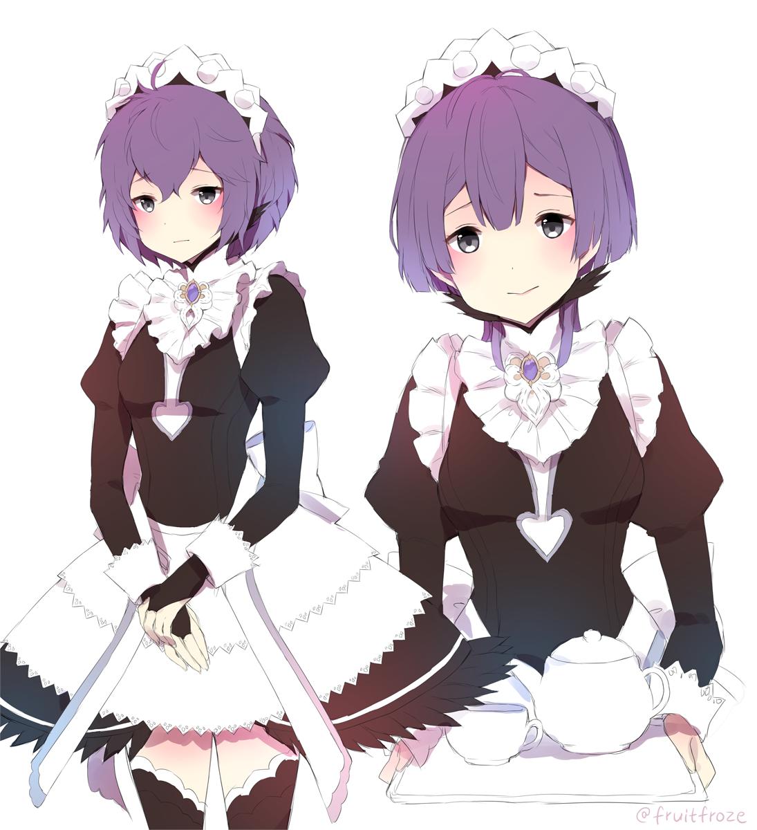 1girl, artist_name, bernadetta_von_varley, black_gloves, breasts, cowboy_shot, cup, fingerless_gloves, fire_emblem, fire_emblem:_three_houses, fruitfroze, gloves, grey_eyes, hand_on_own_arm, high_collar, highres, holding, holding_tray, jewelry, maid, maid_dress, maid_headdress, messy_hair, nervous, nervous_smile, purple_hair, ribbon, short_hair, sleeve_cuffs, small_breasts, teacup, teapot, thigh-highs, tray, twitter_username, white_background, zettai_ryouiki