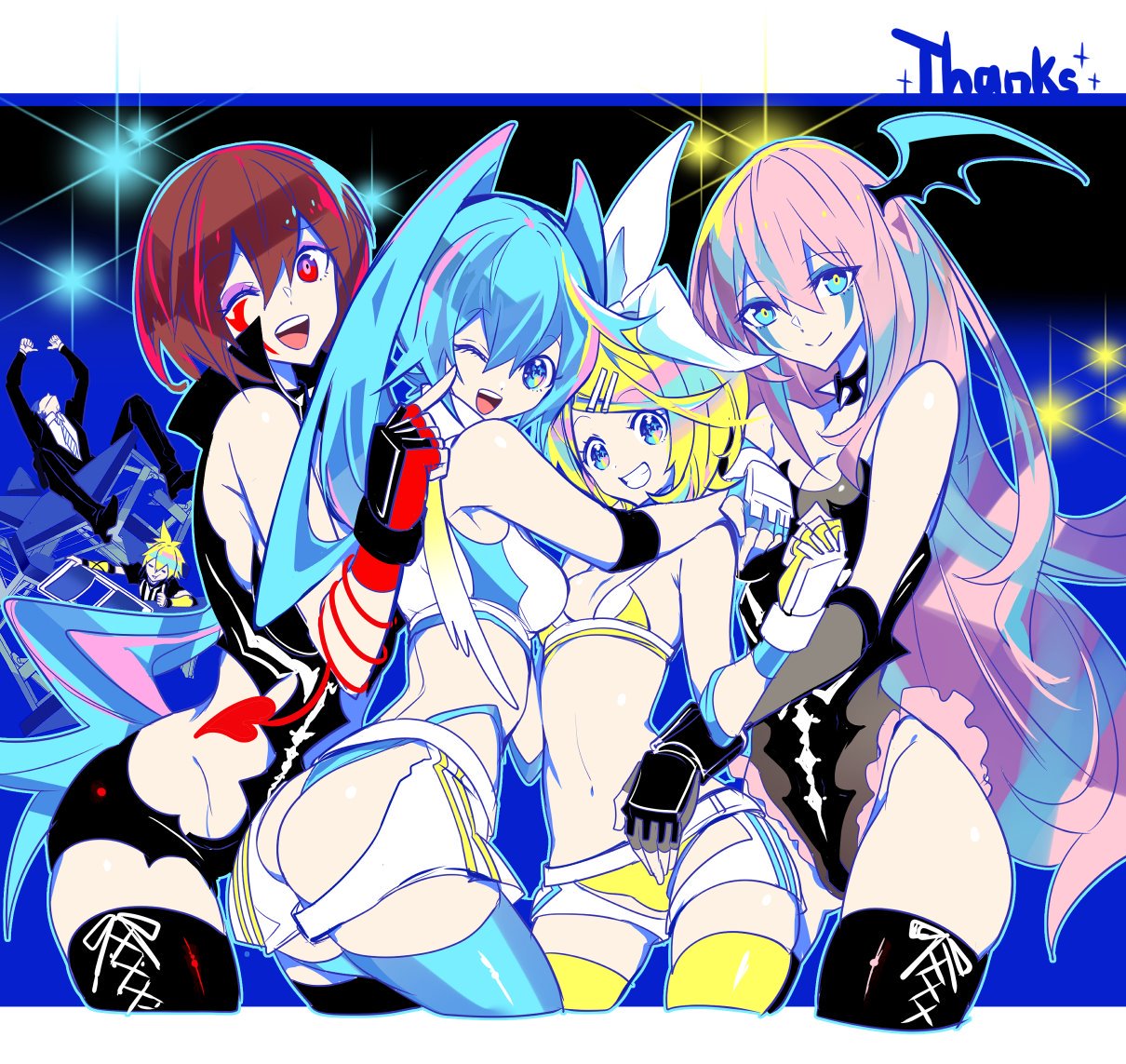 2boys, 4girls, aqua_eyes, aqua_hair, aqua_legwear, arms_around_neck, arms_up, ass