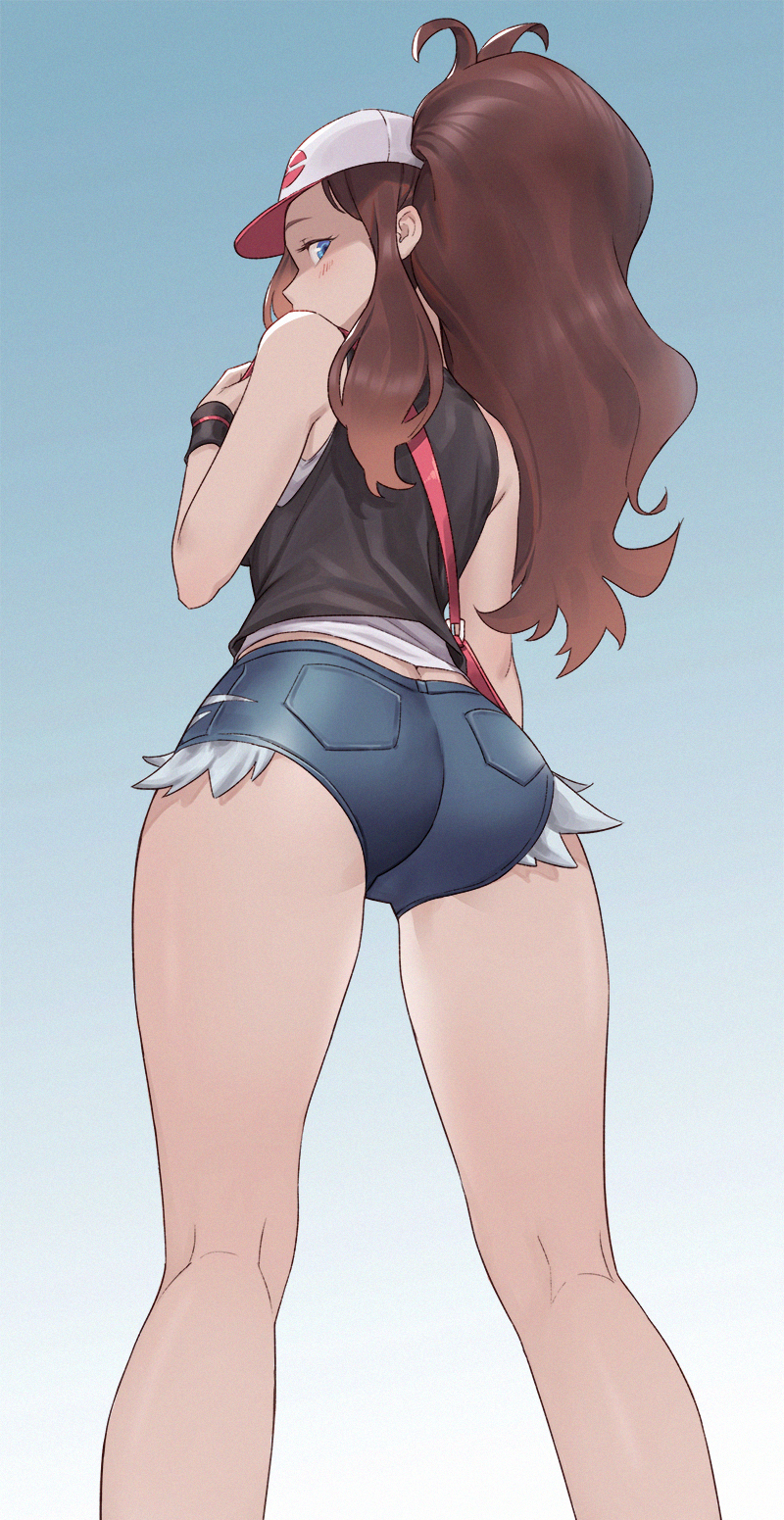1girl, ass, bare_shoulders, baseball_cap, blue_background, blue_eyes, blush, brown_hair
