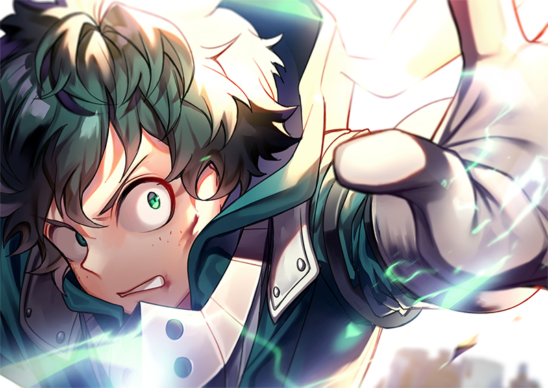 1boy, bodysuit, boku_no_hero_academia, commentary_request, energy, face, face_mask, freckles, gloves, green_bodysuit, green_hair, mask, mask_removed, messy_hair, midoriya_izuku, parted_lips, sal, short_hair, solo, teeth, v-shaped_eyebrows, white_gloves