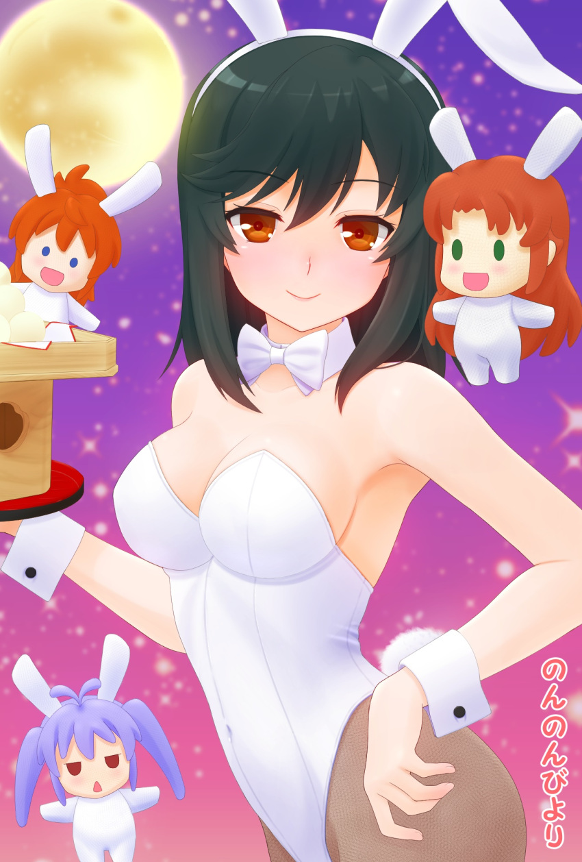 4girls, animal_costume, animal_ears, black_hair, black_neckwear, bow, bowtie, breasts