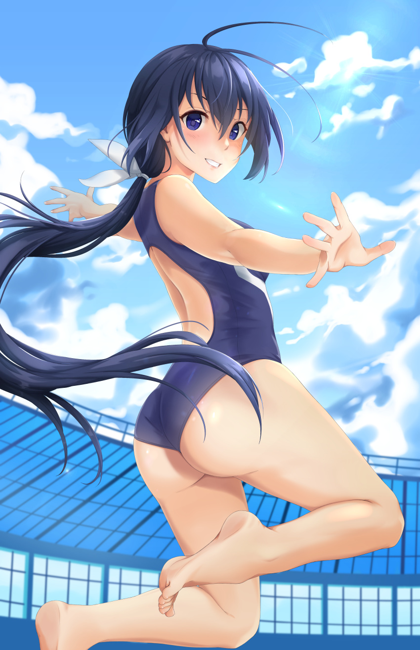 1girl, absurdres, antenna_hair, ass, barefoot, black_eyes, black_hair, black_swimsuit, blue_sky, clouds, commentary, competition_swimsuit, cowboy_shot, dark_blue_eyes, english_commentary, from_behind, grin, highres, jumping, kaminashi_nozomi, keijo!!!!!!!!, lips, long_hair, low_ponytail, one-piece_swimsuit, outstretched_arms, sky, smile, solo, stadium, swimsuit, tiri