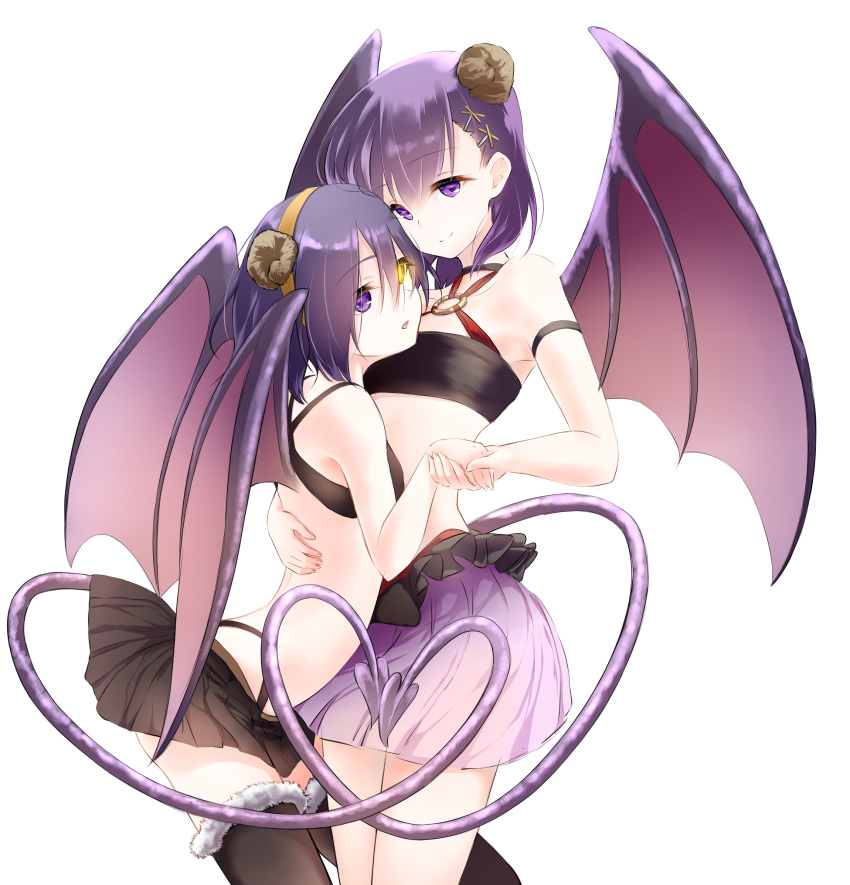 2girls, absurdres, bare_shoulders, black_legwear, black_skirt, commentary_request, crop_top, demon_girl, demon_horns, demon_tail, demon_wings, gabriel_dropout, hair_ornament, hairband, hairclip, hand_on_another's_back, heart, heart_tail, heterochromia, highres, holding_hands, horns, hug, kurona_mei, leaning_forward, looking_at_viewer, medium_hair, midriff, miniskirt, multiple_girls, open_mouth, pleated_skirt, purple_hair, purple_skirt, sazanka, short_hair, skirt, smile, tail, tsukinose_vignette_april, violet_eyes, wings, x_hair_ornament, yellow_eyes