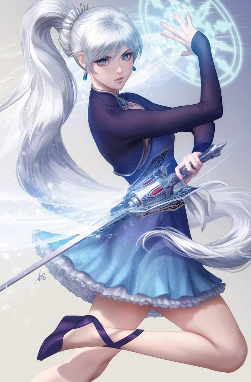 1girl, blue_eyes, cropped_jacket, dress, earrings, english_commentary, high_collar, high_heels