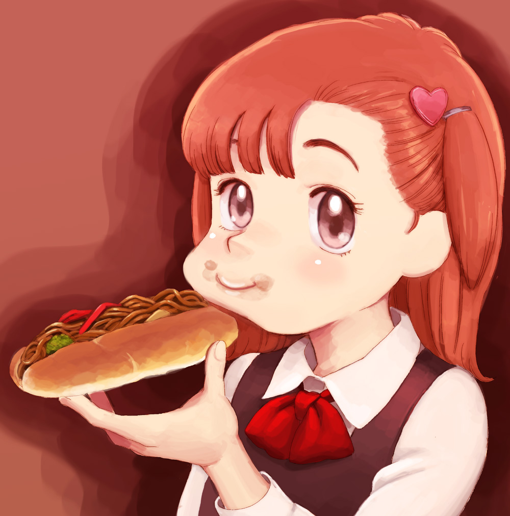 1girl, closed_mouth, commentary_request, eating, food, kurita_yuuko, lafolie, looking_at_viewer, oishinbo, oishinbo_(anime), redhead, short_hair, simple_background, solo, yakisobapan