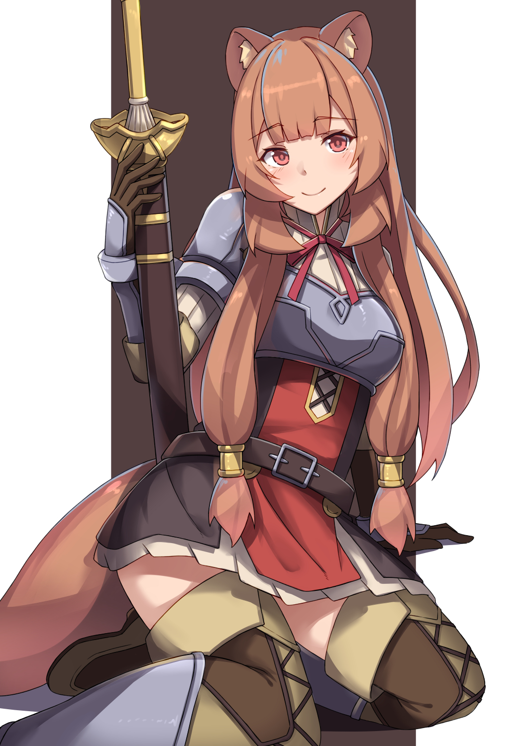 1girl, animal_ear_fluff, animal_ears, arm_support, armor, bangs, belt, black_dress
