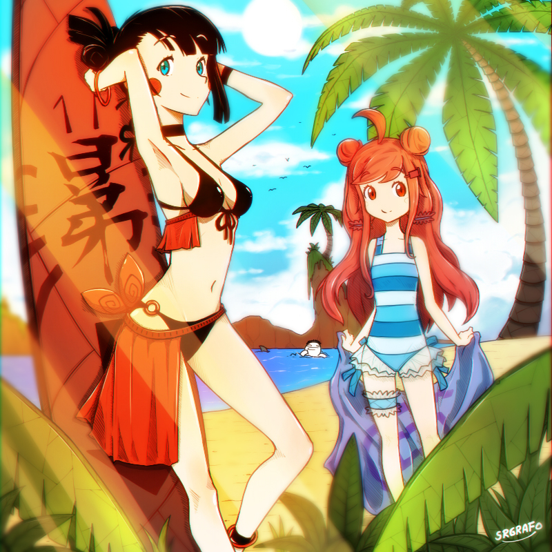 1boy, 2girls, ahoge, andre_rojas_(srgrafo), anklet, aqua_swimsuit, artist_self-insert, beach, bikini, bird, black_bikini, black_hair, blush_stickers, breasts, chloe_(r/animemes), clouds, eyebrows_visible_through_hair, flat_chest, frilled_swimsuit, frills, front-tie_bikini, front-tie_top, jewelry, light_rays, long_hair, mascot, medium_breasts, multiple_girls, o-ring, o-ring_bottom, one-piece_swimsuit, outdoors, palm_tree, plant, reddit, redhead, sachi_(r/animemes), sarong, shark_fin, sidelocks, signature, skinny, sky, smile, striped, striped_swimsuit, sun, sunbeam, sunlight, surfboard, swimsuit, thigh_strap, tree, white_swimsuit