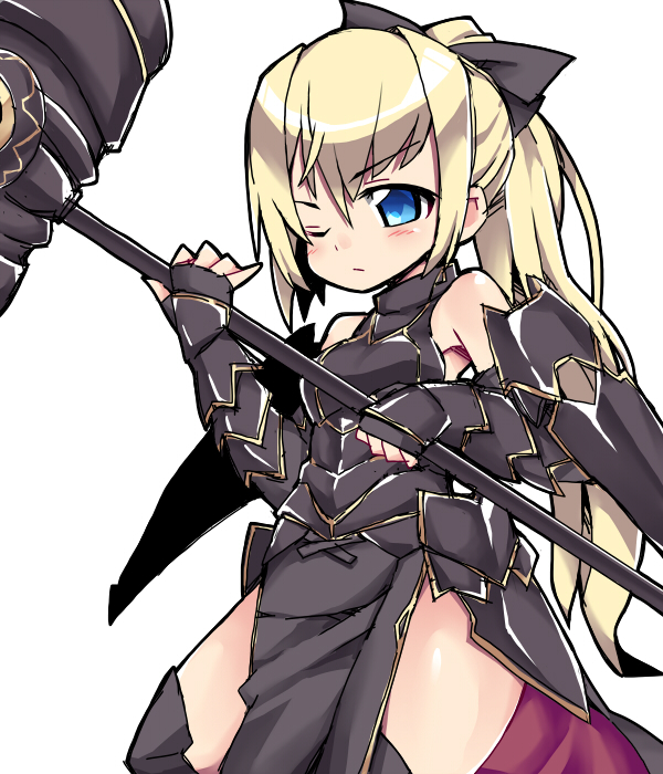 1girl, armor, bare_shoulders, blonde_hair, blue_eyes, cornelia_(sennen_sensou_aigis), cowboy_shot, huge_weapon