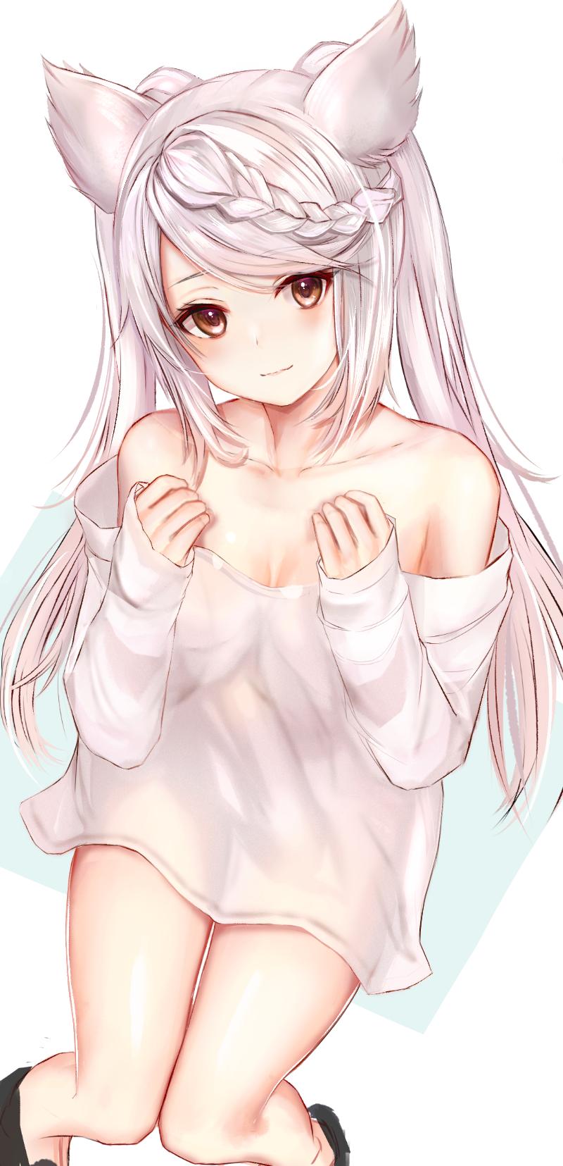 1girl, animal_ears, bare_shoulders, braid, breasts, brown_eyes, closed_mouth, commentary_request