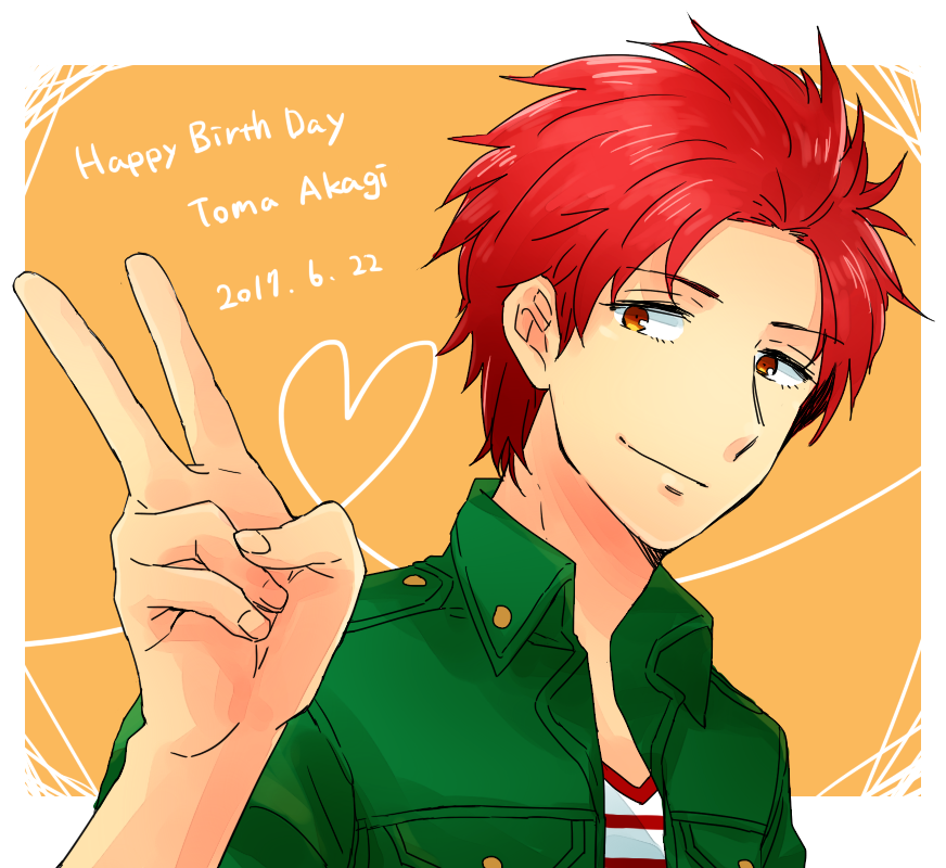 1boy, akagi_toma, gen'ei_ibunroku_sharp_fe, happy_birthday, heart, orange_eyes, redhead, saichi_(meme+), solo, upper_body, v, white_background